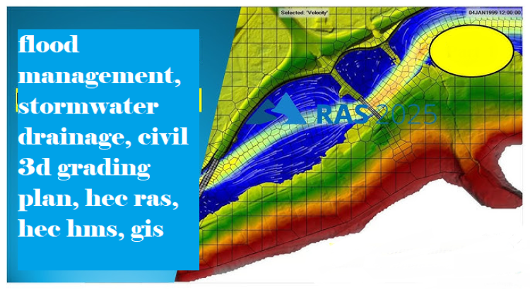 I will do flood management, stormwater drainage, civil 3d grading plan, hec ras, hec hms, gis